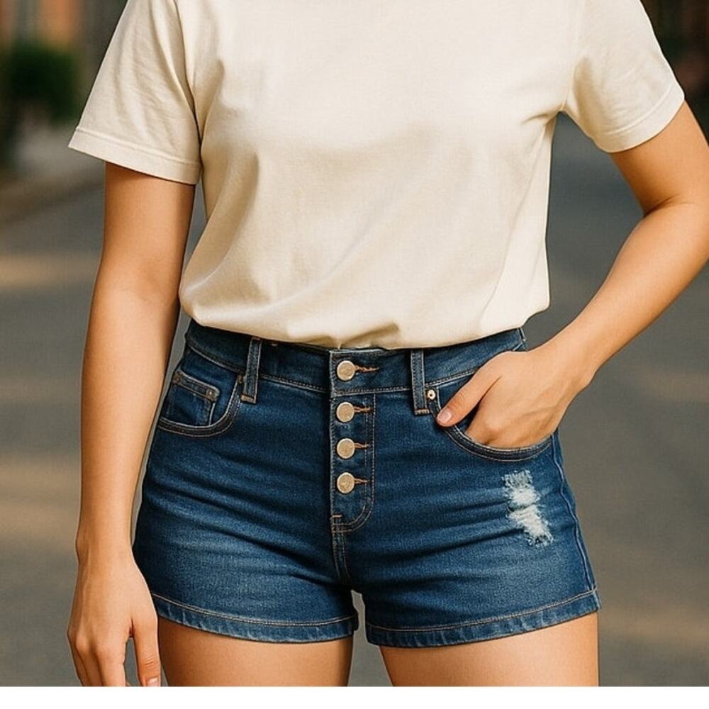 ALMOST FAMOUS Blue Denim 4 Buttons Fly Short Shorts ~ Size 7